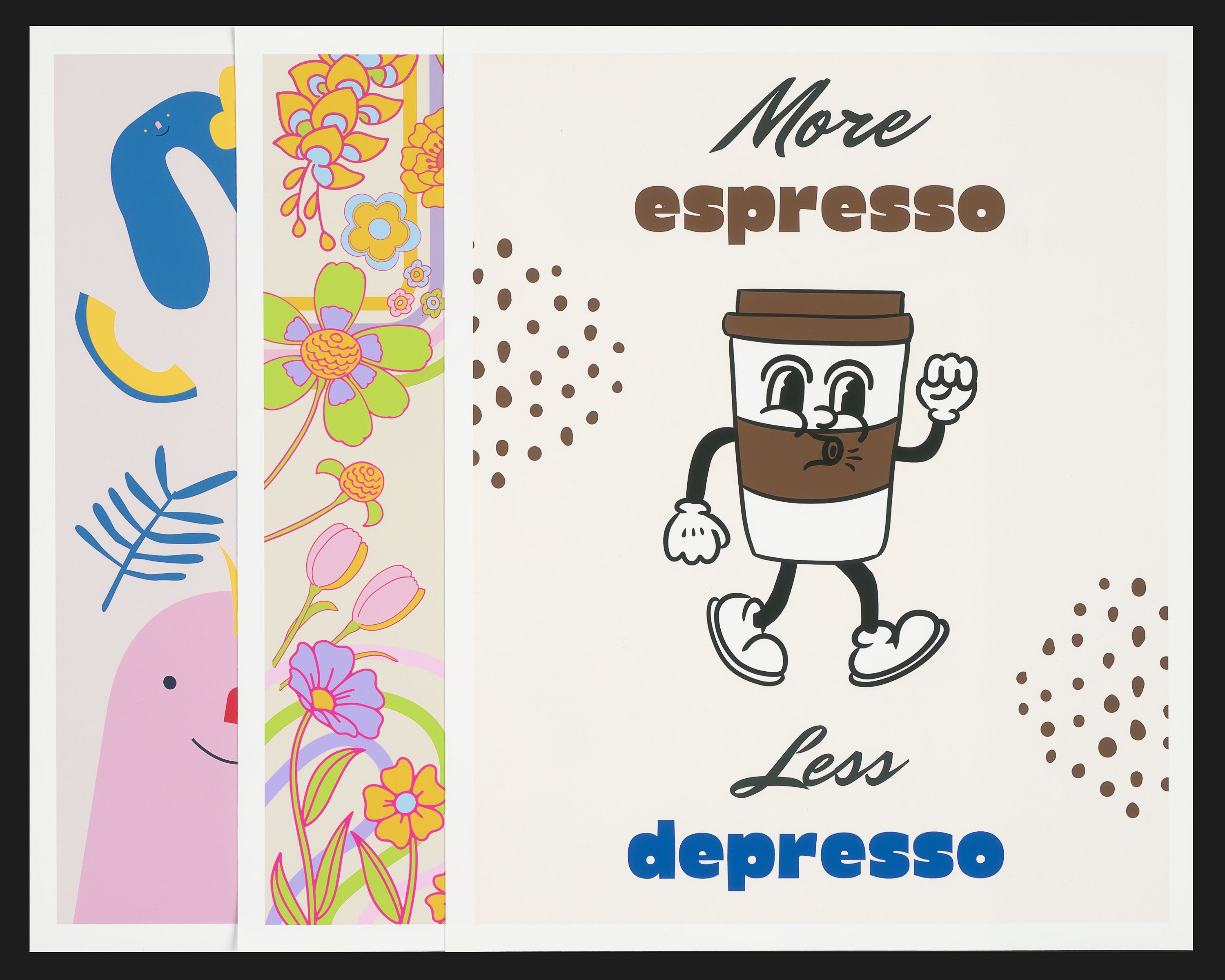 Three art prints spread out on a table 